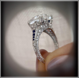 New*** 3.65 Carat Cushion  Diamond and Sapphire Antique Vintage Style  Ring in  Platinum  *** By Chelsea Leigh and Company