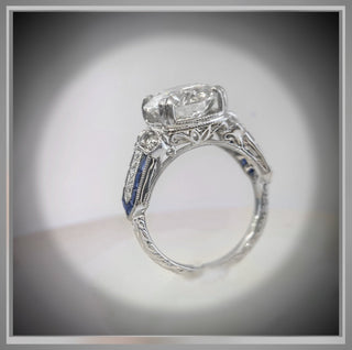 3.40 Carat Cushion Cut Diamond and Sapphire Antique Vintage Style  Ring Platinum *** By Chelsea Leigh and Company