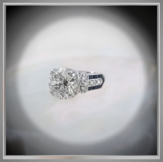 3.40 Carat Cushion Cut Diamond and Sapphire Antique Vintage Style  Ring Platinum *** By Chelsea Leigh and Company