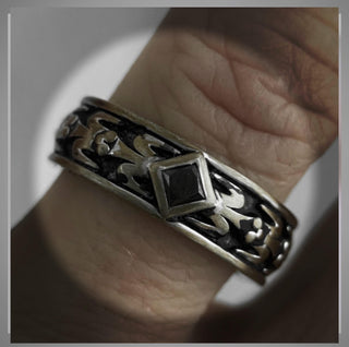 Men’s Wedding  Ring Distressed and Antiqued Gold with Diagonal set  Black Diamond 6.5 mm *** By Chelsea Leigh and Company