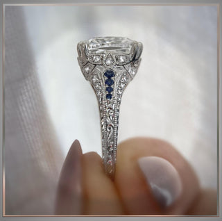 New*** 3.65 Carat Cushion  Diamond and Sapphire Antique Vintage Style  Ring in  Platinum  *** By Chelsea Leigh and Company
