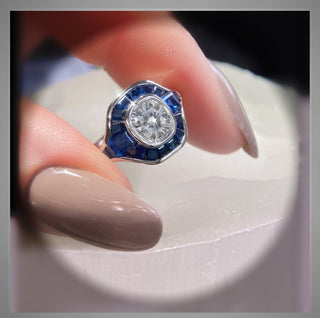 1.50 Cushion Cut Diamond and Sapphire Antique  Vintage Style  Ring Platinum *** By Chelsea Leigh and Company