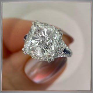 New*** 3.65 Carat Cushion  Diamond and Sapphire Antique Vintage Style  Ring in  Platinum  *** By Chelsea Leigh and Company