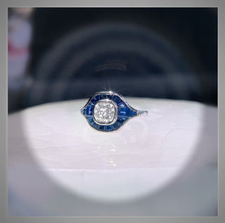 1.50 Cushion Cut Diamond and Sapphire Antique  Vintage Style  Ring Platinum *** By Chelsea Leigh and Company