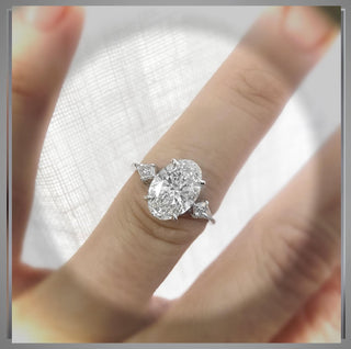 3.40 Carat Three Stone Oval Diamond Engagement Ring With Kite Diamond side Diamonds *** By Chelsea Leigh and Company
