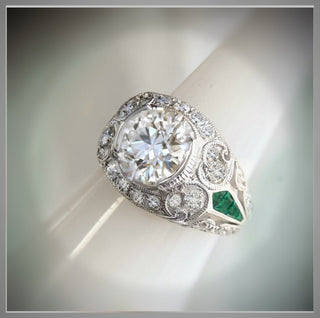 4.10 Carat Round  Diamond and Emerald Antique Vintage Style  Ring Platinum  *** By Chelsea Leigh and Company
