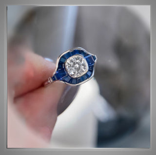 1.50 Cushion Cut Diamond and Sapphire Antique  Vintage Style  Ring Platinum *** By Chelsea Leigh and Company