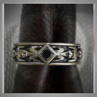 Men’s Wedding  Ring Distressed and Antiqued Gold with Diagonal set  Black Diamond 6.5 mm *** By Chelsea Leigh and Company