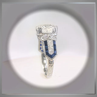 3.40 Carat Cushion Cut Diamond and Sapphire Antique Vintage Style  Ring Platinum *** By Chelsea Leigh and Company