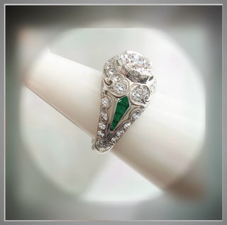 4.10 Carat Round  Diamond and Emerald Antique Vintage Style  Ring Platinum  *** By Chelsea Leigh and Company
