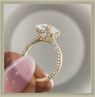 3.60 Carat Cushion Cut Diamond  Flat Solitaire Engagement Ring with Hidden Pave Sides  & Underhalo *** By Chelsea Leigh and Company