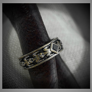 Men’s Wedding  Ring Distressed and Antiqued Gold with Diagonal set  Black Diamond 6.5 mm *** By Chelsea Leigh and Company