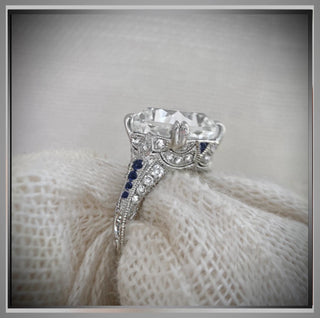 New*** 3.65 Carat Cushion  Diamond and Sapphire Antique Vintage Style  Ring in  Platinum  *** By Chelsea Leigh and Company